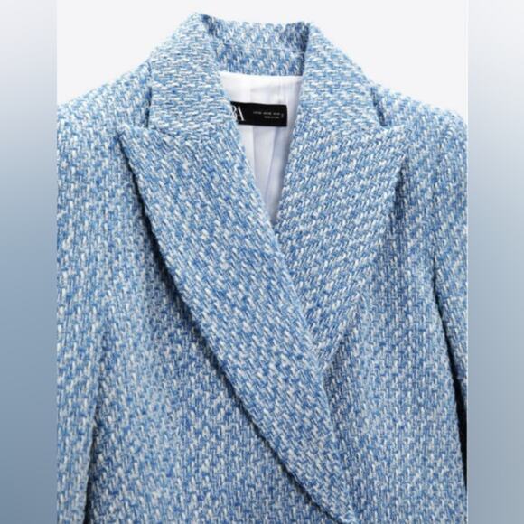 Zara Textured Double-breasted Blazer Blue White 8741/725 - large - Picture 6 of 11